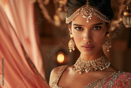 Young and beautiful indian model wearing gold jewelery