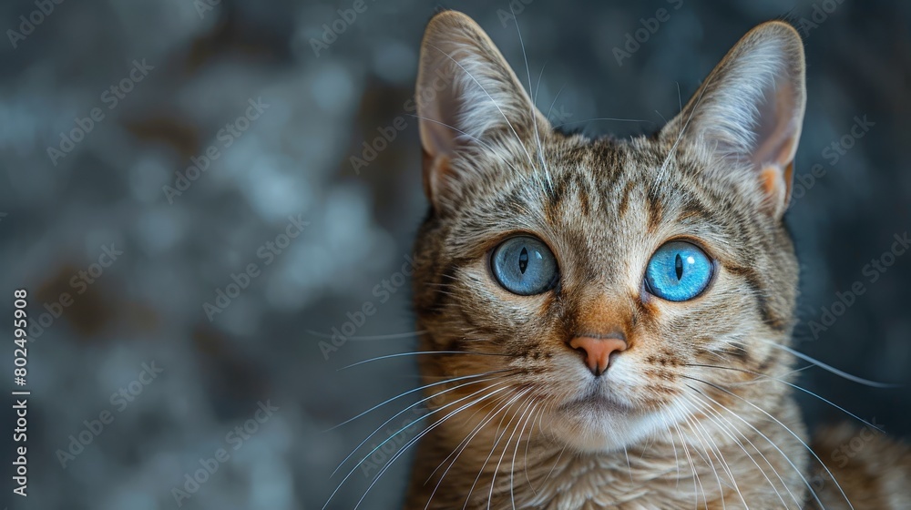 A gray tabby kitten with blue eyes smiles at the camera with an adorable smile. Portrait of a cute fluffy cat.
