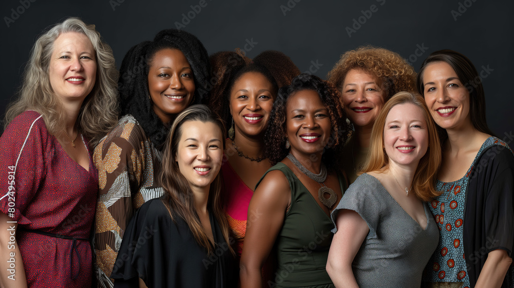 women from different ethnicities and ages, smiling at the camera, dark background. diverse hairstyles, long hair, others short or curly, stylish outfits. Professional diversity concept women from different ethnicities and ages, smiling at the camera, dark background. diverse hairstyles, long hair, others short or curly, stylish outfits. Professional diversity concept