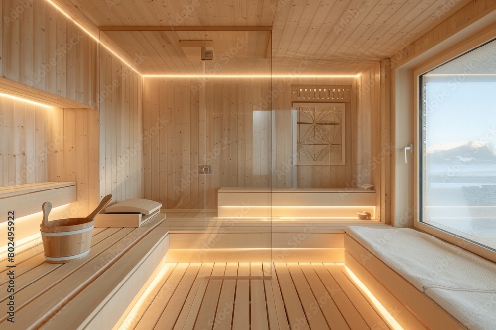 Sauna with wooden walls and a white wood bench, illuminated in the style of LED lights. The room is equipped for hot steam or water on the left side of an interior shot. A bucket stands on one end of Sauna with wooden walls and a white wood bench, illuminated in the style of LED lights. The room is equipped for hot steam or water on the left side of an interior shot. A bucket stands on one end of