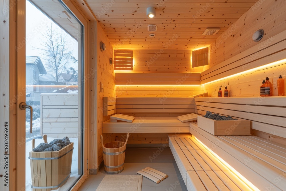 Obraz premium Sauna with wooden walls and a white wood bench, illuminated in the style of LED lights. The room is equipped for hot steam or water on the left side of an interior shot.