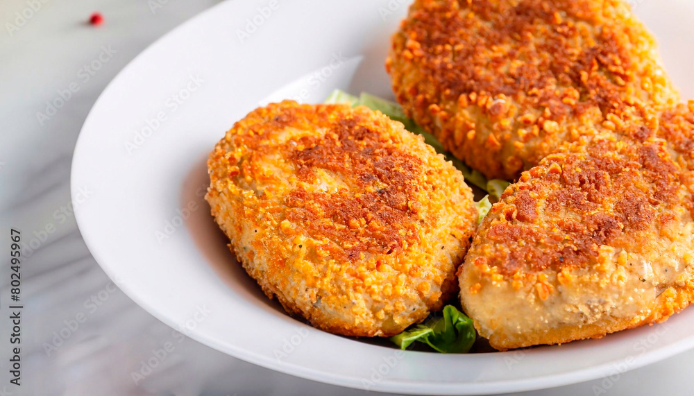 macro photo of Kiev-style cutlet in a plate on a white marble servery table macro photo of Kiev-style cutlet in a plate on a white marble servery table