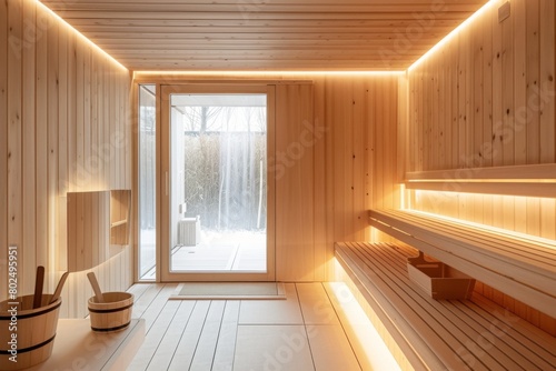 Sauna with wooden walls and a white wood bench, illuminated in the style of LED lights. The room is equipped for hot steam or water on the left side of an interior shot. © Алексей Василюк