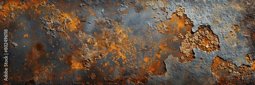 Rusted metal texture with visible rust and grainy details. The background features an aged, distressed surface that adds to the rustic feel of the design. 