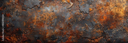 Rusted metal texture with visible rust and grainy details. The background features an aged, distressed surface that adds to the rustic feel of the design.  photo
