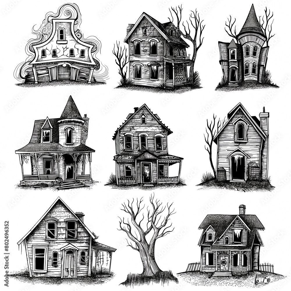 Set of 9 black and white drawings of an old destroyed monster house, idea for website design or banner for Halloween