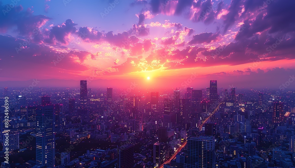 Urban skyline at dusk, purple hues in the sky, highangle, tranquil city evening Urban skyline at dusk, purple hues in the sky, highangle, tranquil city evening