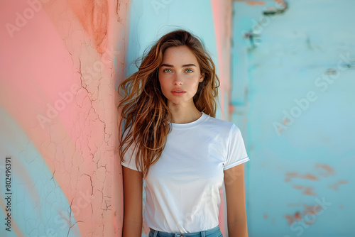 Young woman wearing bella canvas white shirt mockup, at colorful background. Design tshirt template, print presentation mock-up.