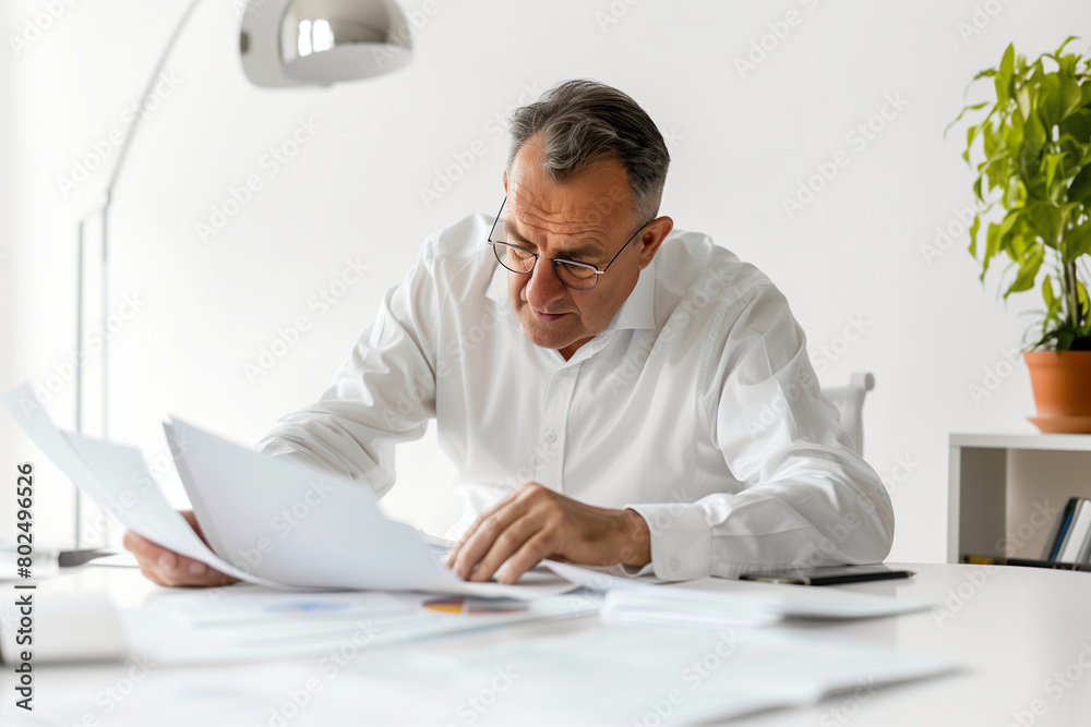 Against a backdrop of clean white tones, a mid-aged mature business man, a professional investor, is captured engrossed in checking bank documents during an office team meeting. Hi