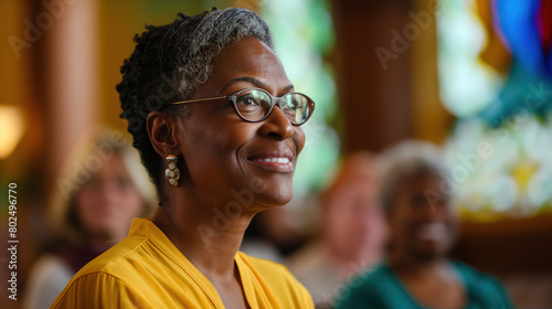 older African American woman with short hair and glasses smiles as she sits in the foreground of an elegant church.  Faith and  spiritual connection and contemplation concept 