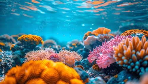 Underwater snorkeling  vibrant coral reef  closeup  clear blue water