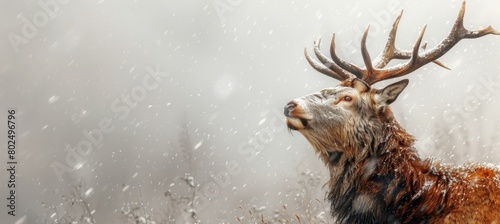 Photo of a red deer with antlers, licking its lips in anticipation on the left side, in white color on bottom, phone wallpaper, high qualit