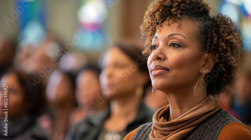  African American woman, wearing casual attire and with short curly hair, standing in the foreground at church during a worship service. 