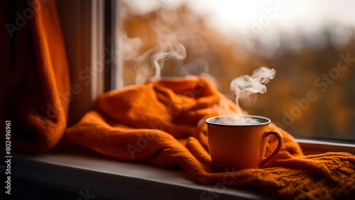 Cup of hot drink with orange scarf on the windowsill.