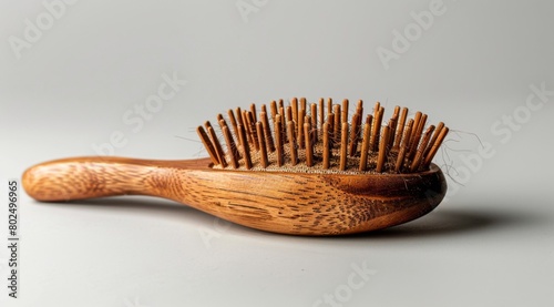 Photo of a hairbrush with loose and thin strands of falling out hairs on a white background  representing patterned scarring 