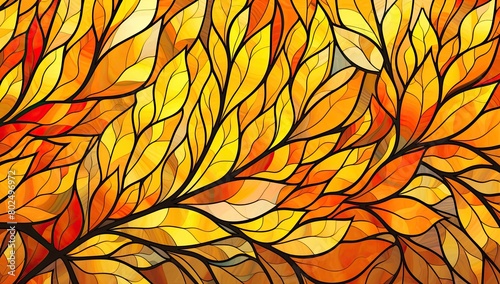 Floral Mosaic  Artistic Composition Featuring Colorful Flower and Leaves in Shades of Orange and Yellow