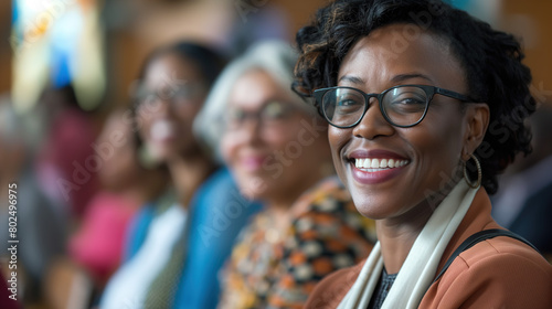 African American woman with glasses, smiling at the camera in front of other multiethnic women seated together for training or conference event or church service