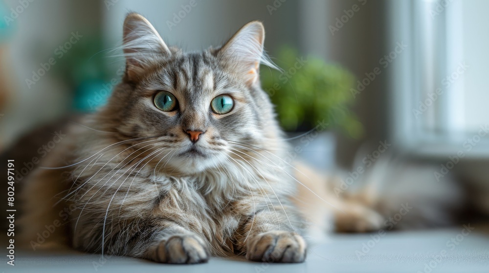 The image shows a large longhair gray kitten with beautiful big green eyes lying on a white table. The fluffy cat licks its lips. There is room for text.