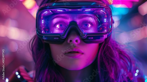 An attractive woman with purple hair wears a futuristic costume over a neon light background. She is wearing glasses of virtual reality. Augmented reality game, futuristic technology, augmented © Avve Diana