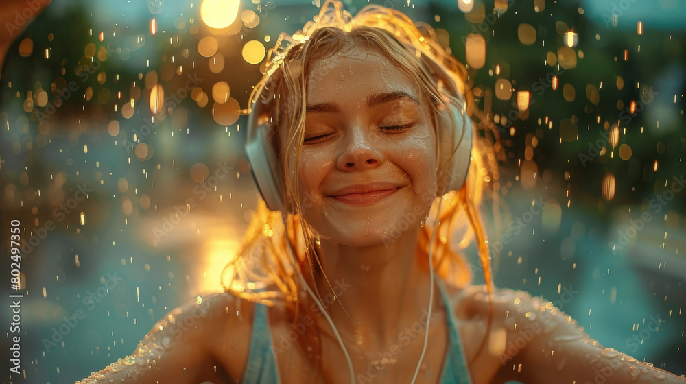 Radiant young woman smiles with closed eyes, enjoying her favorite music on headphones amidst a golden sunset and magical rain sparks