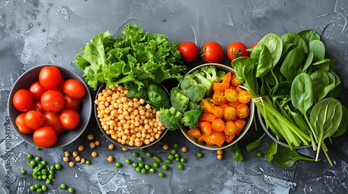 Ingredients for spring vegetable buddha bowl, Delicious healthy food, On a gray background, top view 