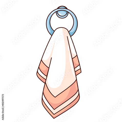 Groovy cartoon hanging towel on ring hanger. Funny retro cotton fabric napkin with stripe, kitchen or bathroom hygiene mascot, cartoon bath towel sticker of 70s 80s style vector illustration