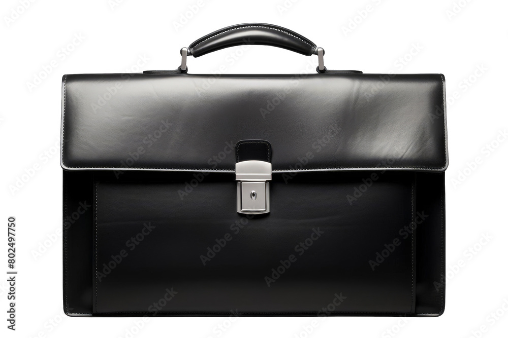 A black leather briefcase with a silver clasp, white background, transparent background A black leather briefcase with a silver clasp, white background, transparent background