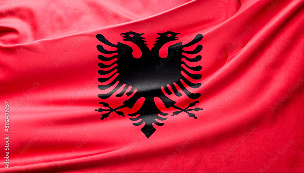 the flag of Albania with pleats with visible satin texture the flag of Albania with pleats with visible satin texture