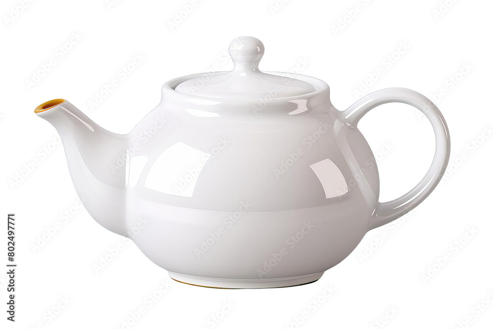 A white tea kettle with a yellow lid sits on a white background, transparent background