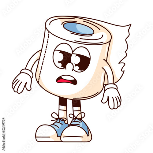 Groovy toilet paper roll cartoon character with sad face. Funny retro tissue spool in sneakers, hygiene in lavatory mascot, cartoon unhappy toilet towel sticker of 70s 80s style vector illustration