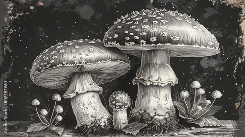 An isolated clipart set of mystical mushrooms, moon and stars with magic line, witchy esoteric objects with white flowers - black and white modern illustration.