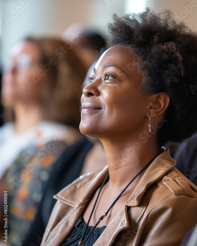 African American woman in her late thirties wearing a brown leather jacket, sitting at the front row of the audience looking up with joy and inspiration on her face. spirituality and faith concept