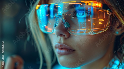 In virtual reality, woman presses start button on futuristic tablet. Augmented reality, future technology, AI concept. Holographic interface for data display. Dark background.