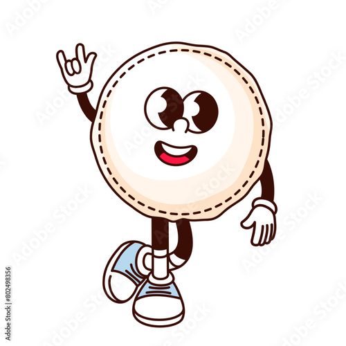 Groovy cotton round pad cartoon character with horn rock gesture. Funny retro cotton antibacterial napkin for makeup removal, hygiene mascot, cartoon sticker of 70s 80s style vector illustration
