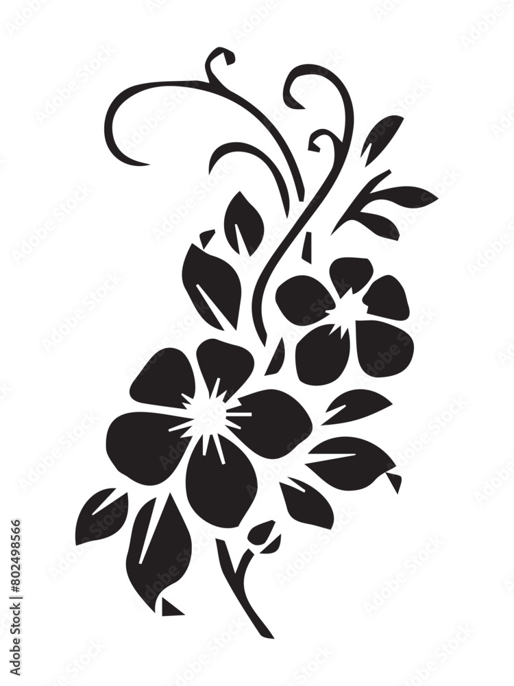 Obraz premium Stencil flowers, bouquet. Black silhouettes of flowers (freesias, tulips, alstroemeria and forget-me-nots) highlighted on a white background. Vector illustration 