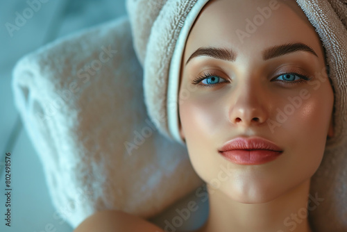Woman in spa  wrapping towel around her head