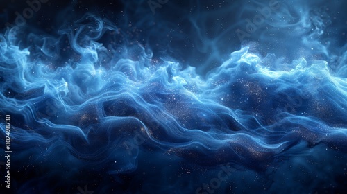 A beautiful swirling blue smoke moves over a black background. Wide angle horizontal wallpaper or web banner mockup.