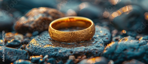 Close-up luxury gold ring jewelry on stone photo