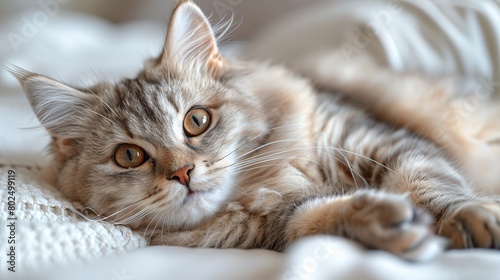 Gray longhair kitten with beautiful big eyes lying on a white table. Cute fluffy cat licking its lips. Free text area. Mockup for your business.