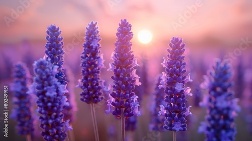 An expanse of peaceful farmland blossoms with fragrant blue lavender flowers in summer