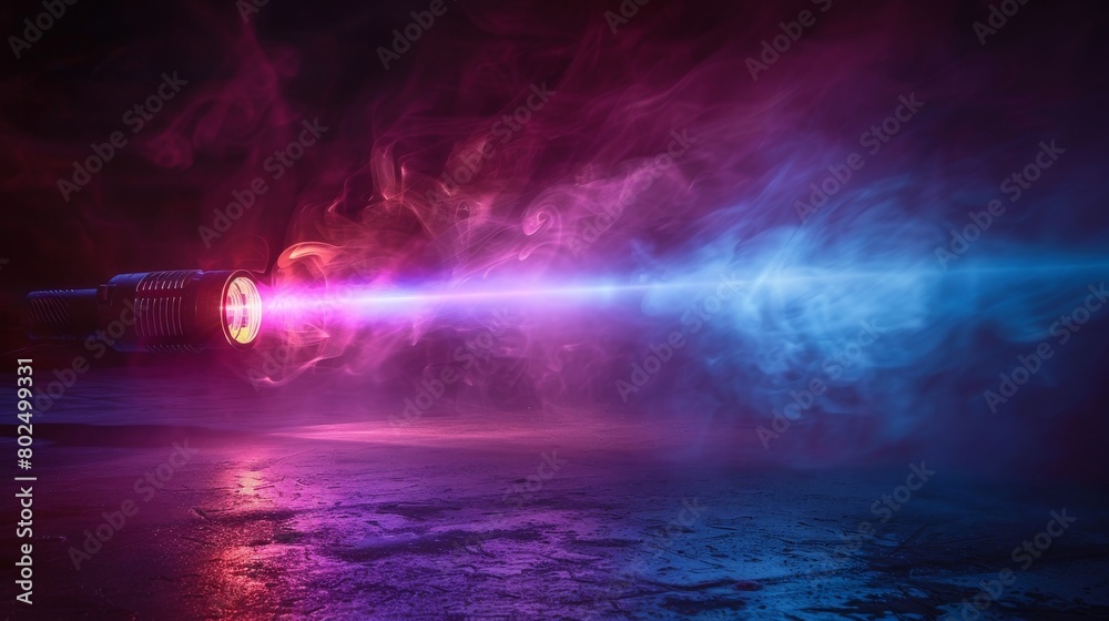Black background with bright laser light beams in blue and violet