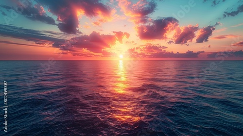 In the evening, a scenic view of endless ocean with horizon line under a bright sunset sky can be seen