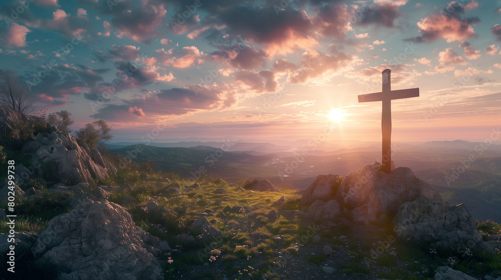 Obraz premium cross at bright sunset, concept of christianity that every life comes to an end, created with generative AI technology