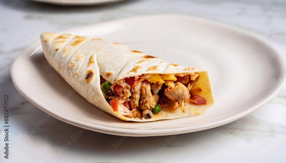 macro shot of a burrito on a plate with a servery table on a white marble countertop macro shot of a burrito on a plate with a servery table on a white marble countertop