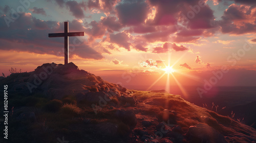 cross at bright sunset, concept of christianity that every life comes to an end, created with generative AI technology