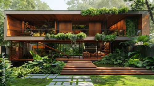 An urban residence with a concrete staircase, a landscaped entry path, wooden slats details, and lush greenery illuminated by natural sunlight