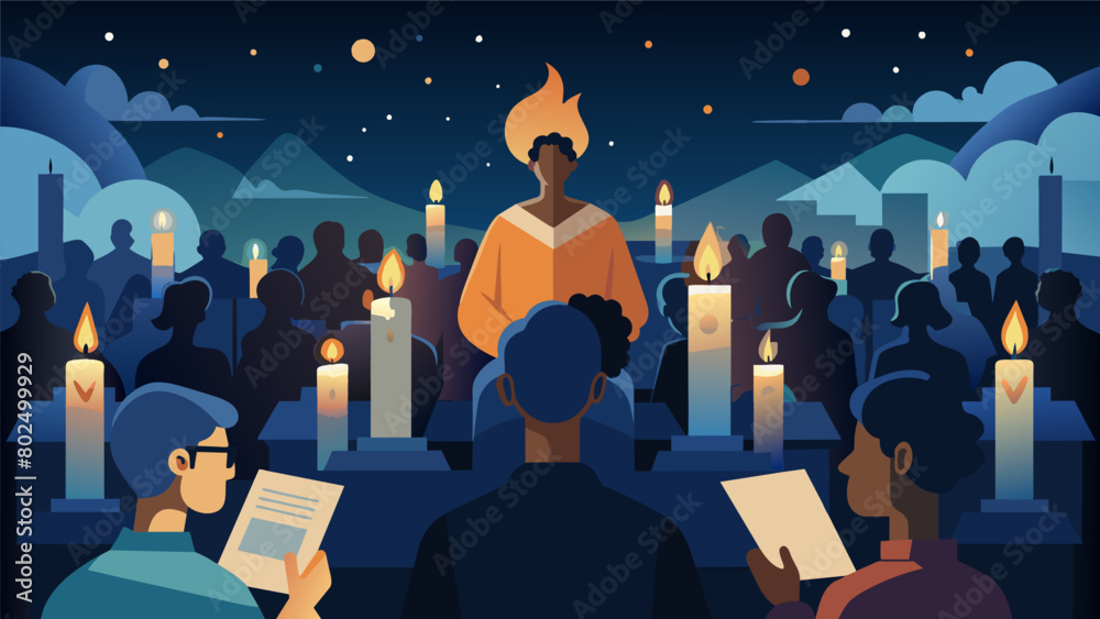 Obraz premium The night sky lit up by candles held by the audience as they participate in a candlelit reading of Langston Hughes iconic poem Harlem at the Liberty. Vector illustration