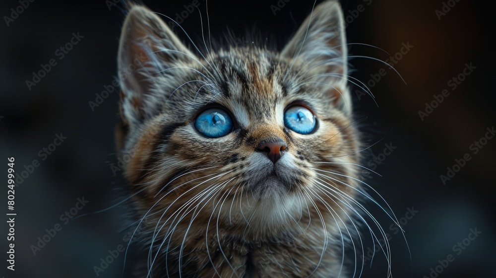 A cute gray tabby kitten with blue eyes on a grey background. Pets and lifestyle concept.
