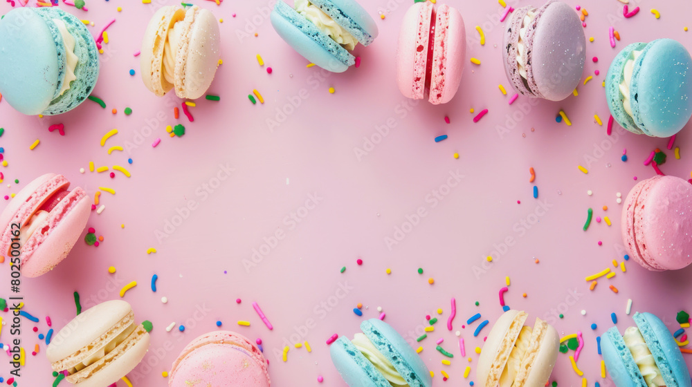 cute pink party background with small macarons cute pink party background with small macarons