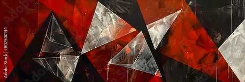 An HD image of a geometric composition with overlapping diamonds and sharp triangles in a vibrant red and black, emphasizing contrast and visual impact
